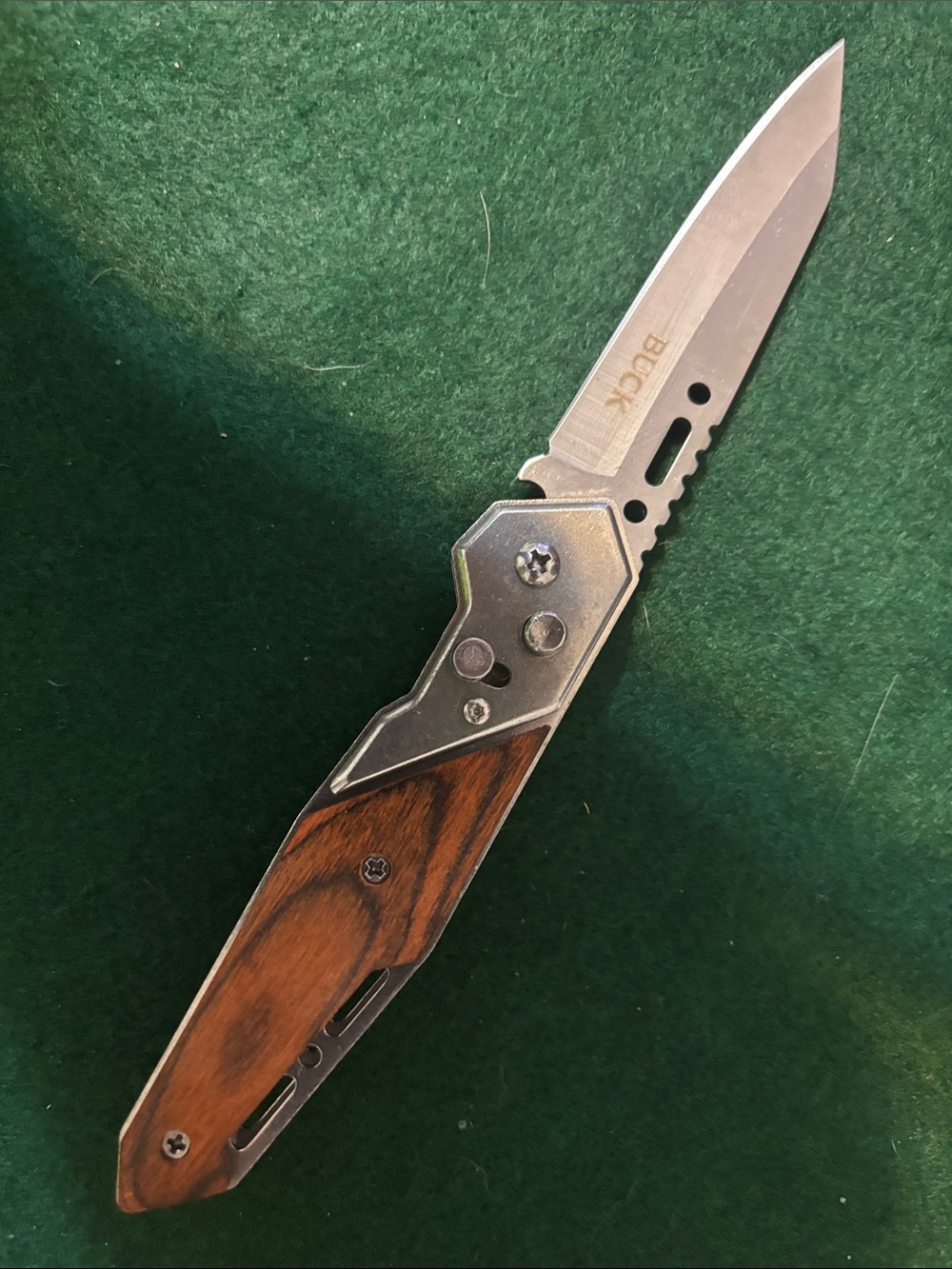 Folding Auto Release Pocket Knife with Wood Handle - Silver Blade, Brown Grip